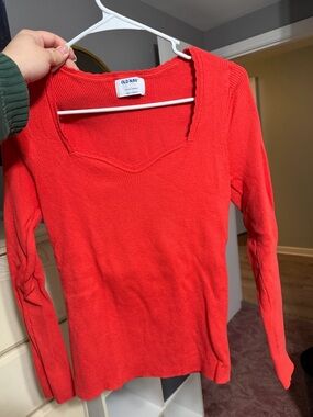 Old Navy Bright Red Ribbed Square-Neck Long Sleeve Sweater